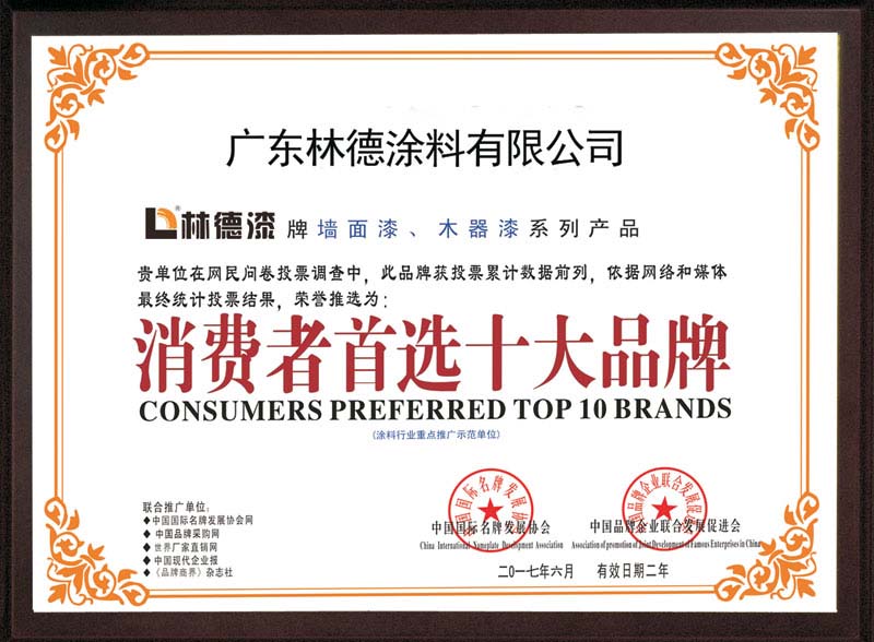 消费者首选十大品牌证书